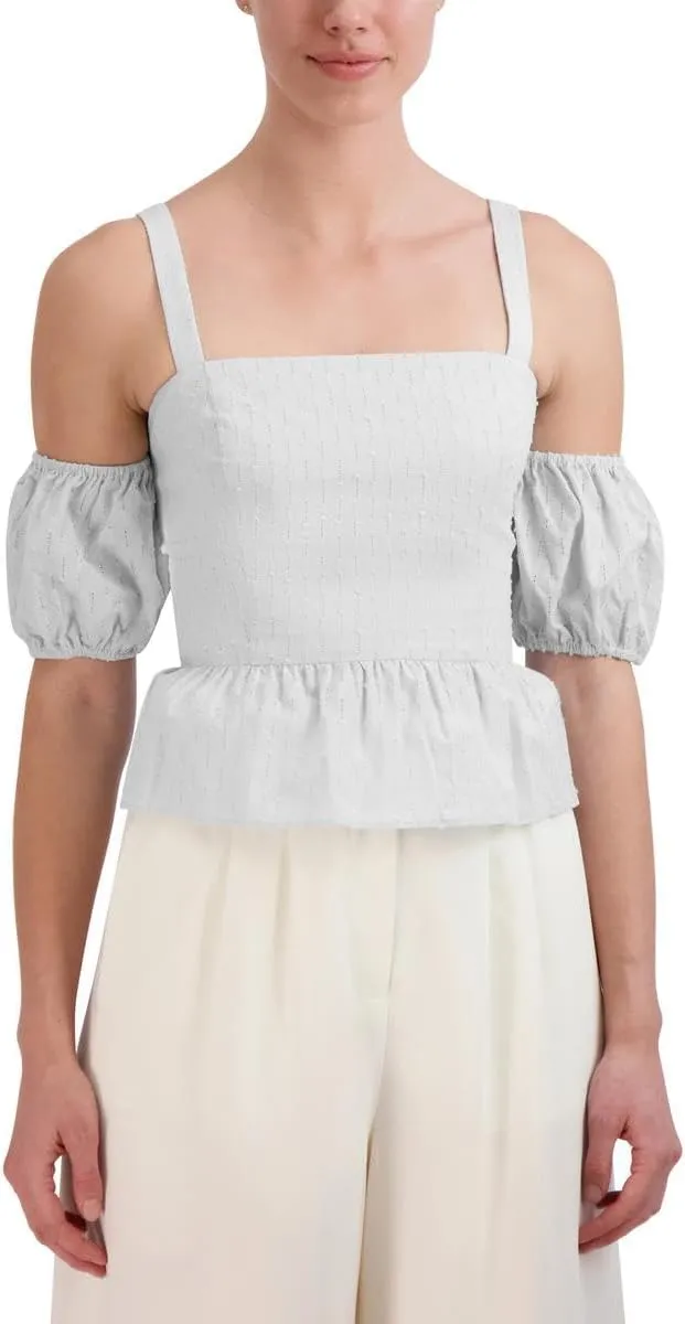 BCBGMAXAZRIA Women's Straight Neck Puff Sleeve Off Shoulder Top