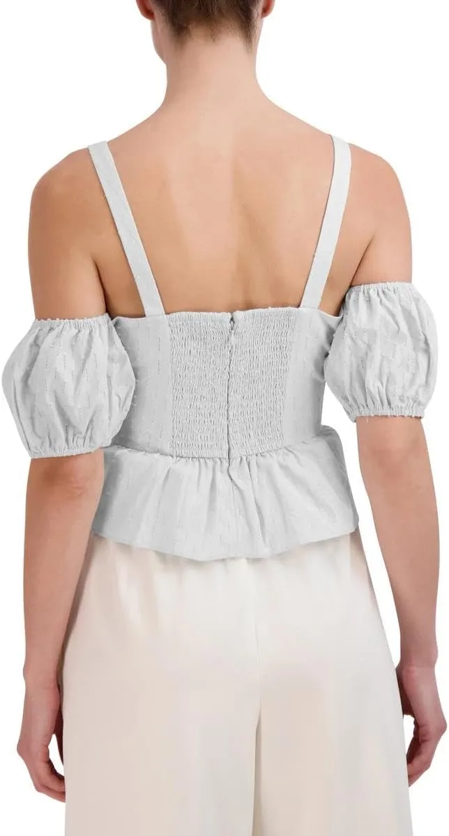 BCBGMAXAZRIA Women's Straight Neck Puff Sleeve Off Shoulder Top