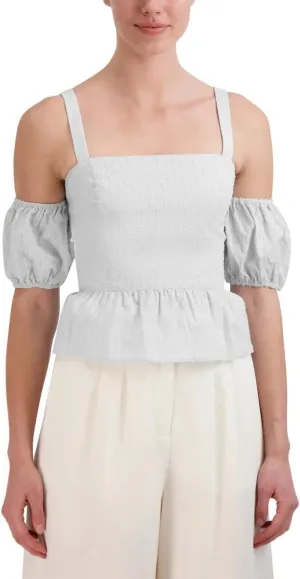 BCBGMAXAZRIA Women's Straight Neck Puff Sleeve Off Shoulder Top