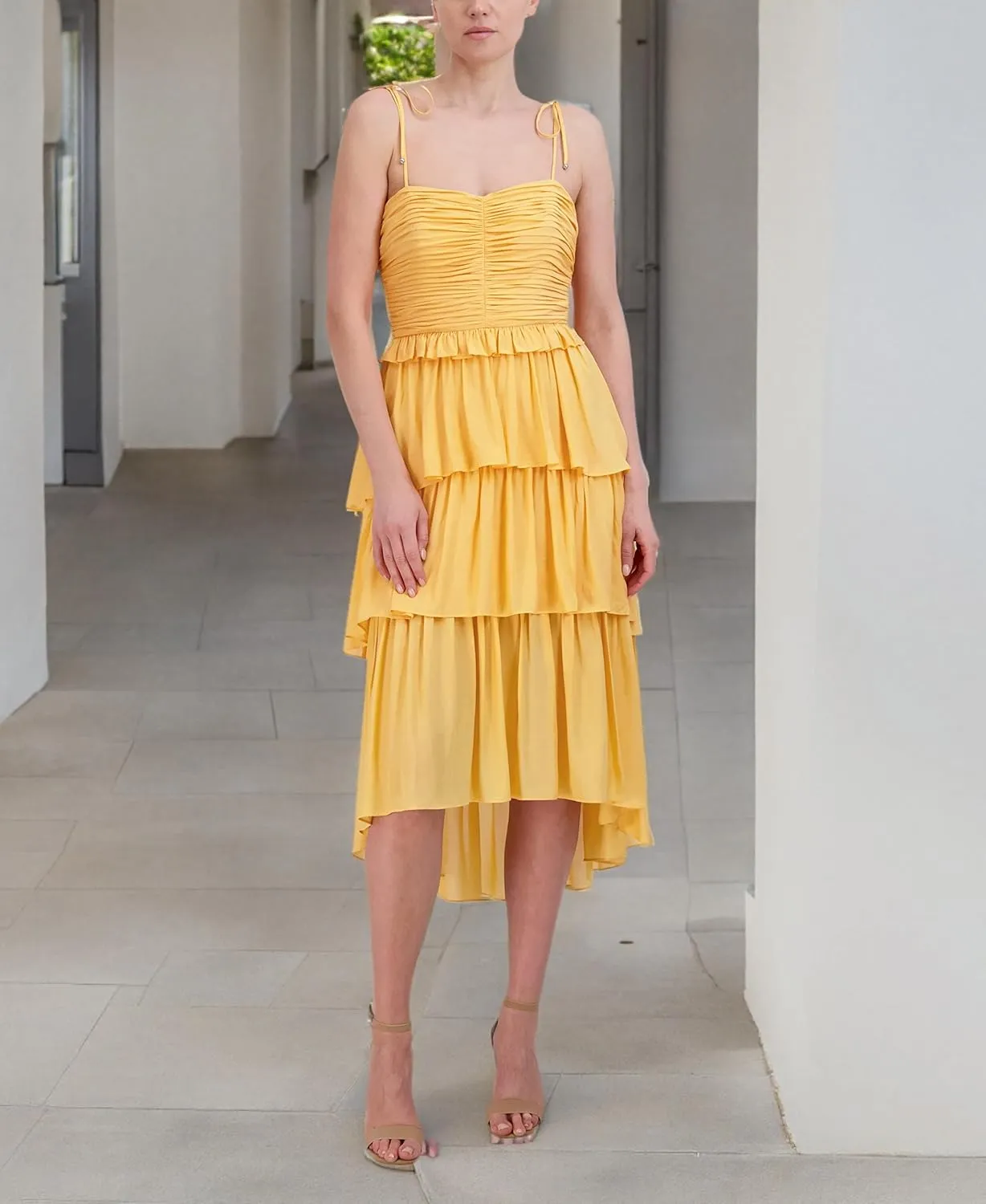 BCBGMAXAZRIA Women's Tiered Sweetheart Neck Sleeveless Midi Dress