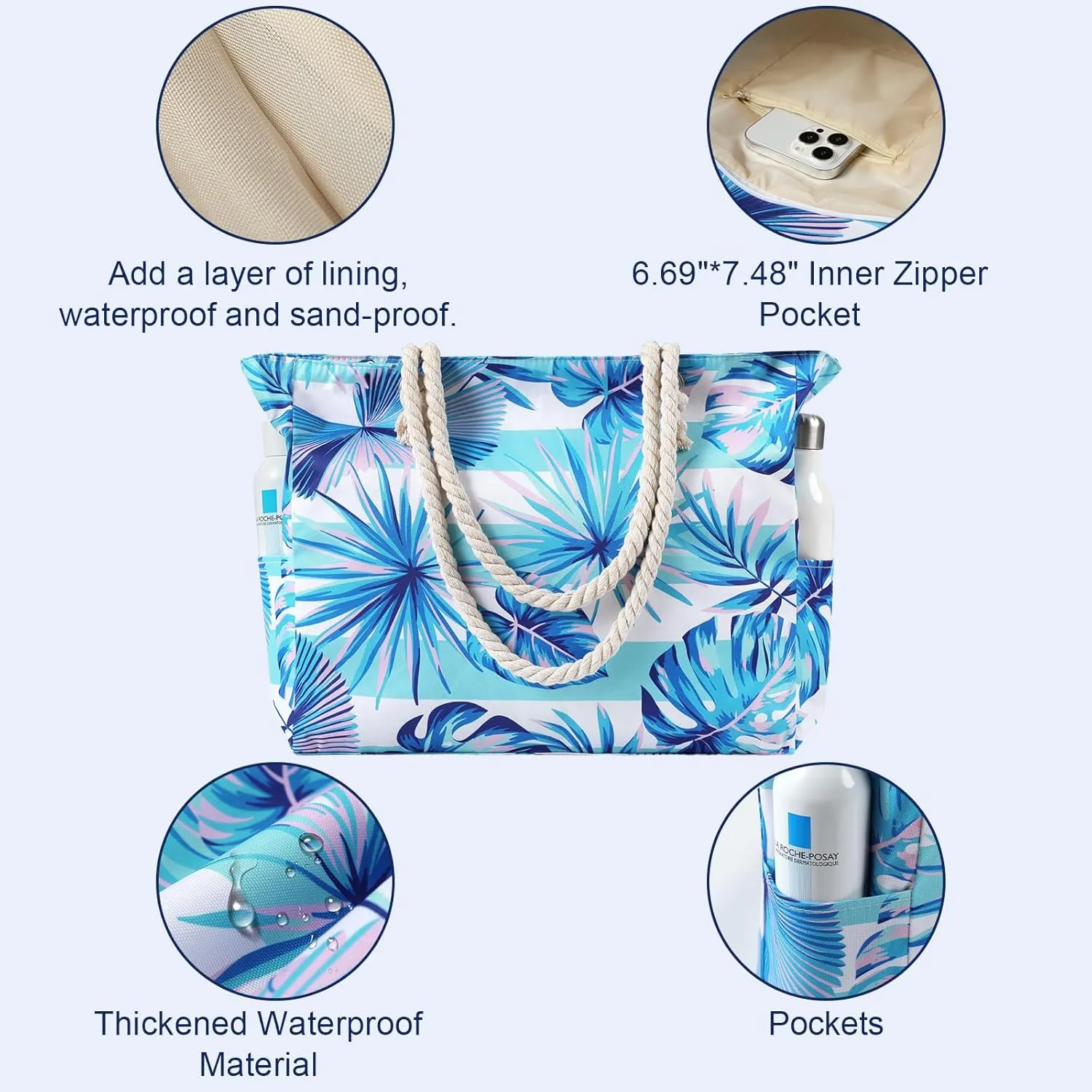 Beach Bags for Women - Large Beach Tote Bag Waterproof Sandproof with Zipper, Swiming Pool Bag Large Tote