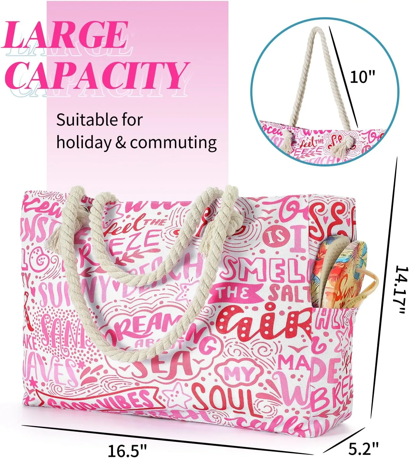 Beach Bags for Women - Large Beach Tote Bag, Women Sandproof Pool Bag for Pool Gym Grocery Travel