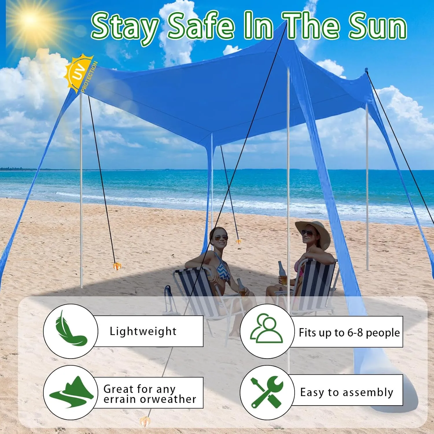 Beach Tent, Beach Canopy UPF50  with Sandbags, Sand Shovels, Ground Pegs & Stability Poles, Outdoor Shade Camping Sun Shelter for Camping Trips, Fishing, Backyard Fun or Picnics