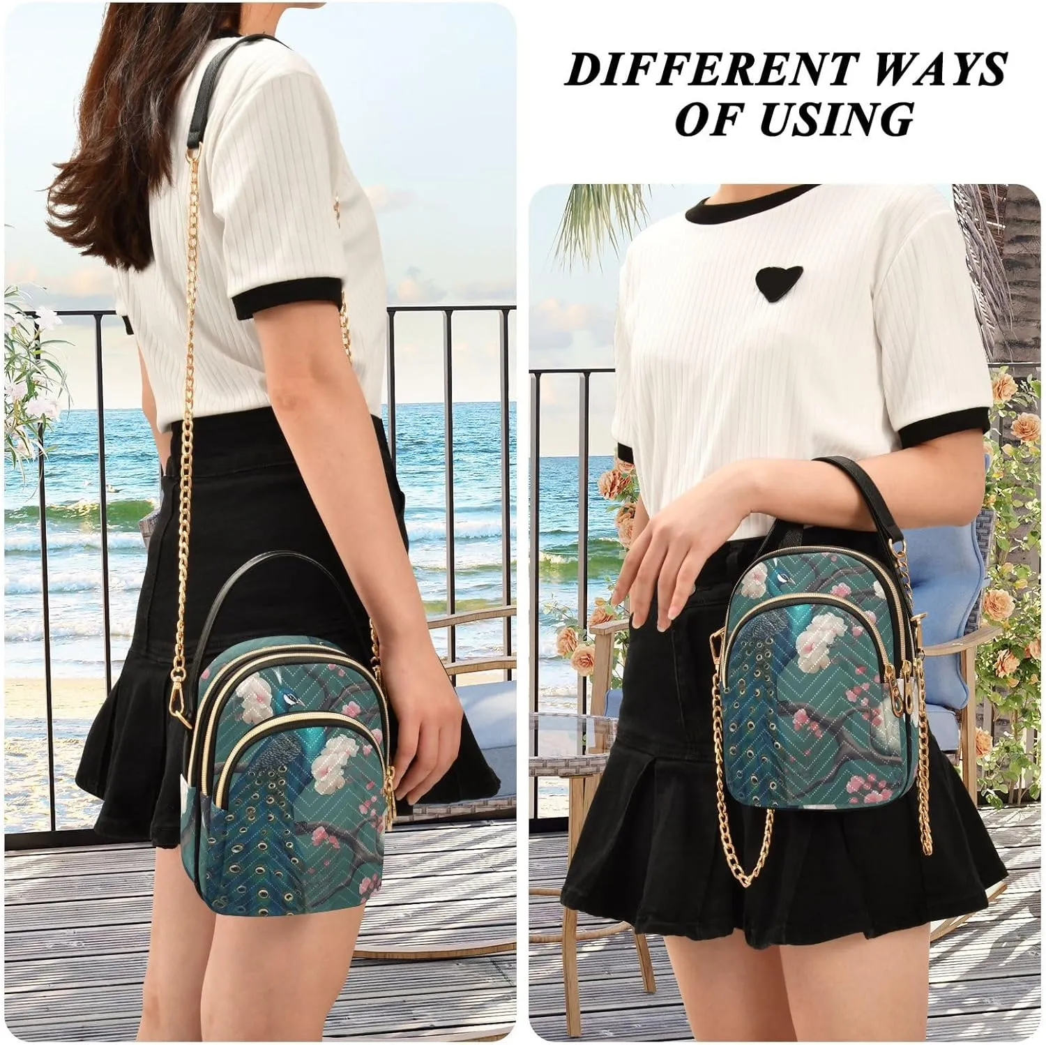 Beautiful Peacocks in Branches with Fruit Small Handbag with Shoulder Strap, Crossbody Shoulder Bags for Women