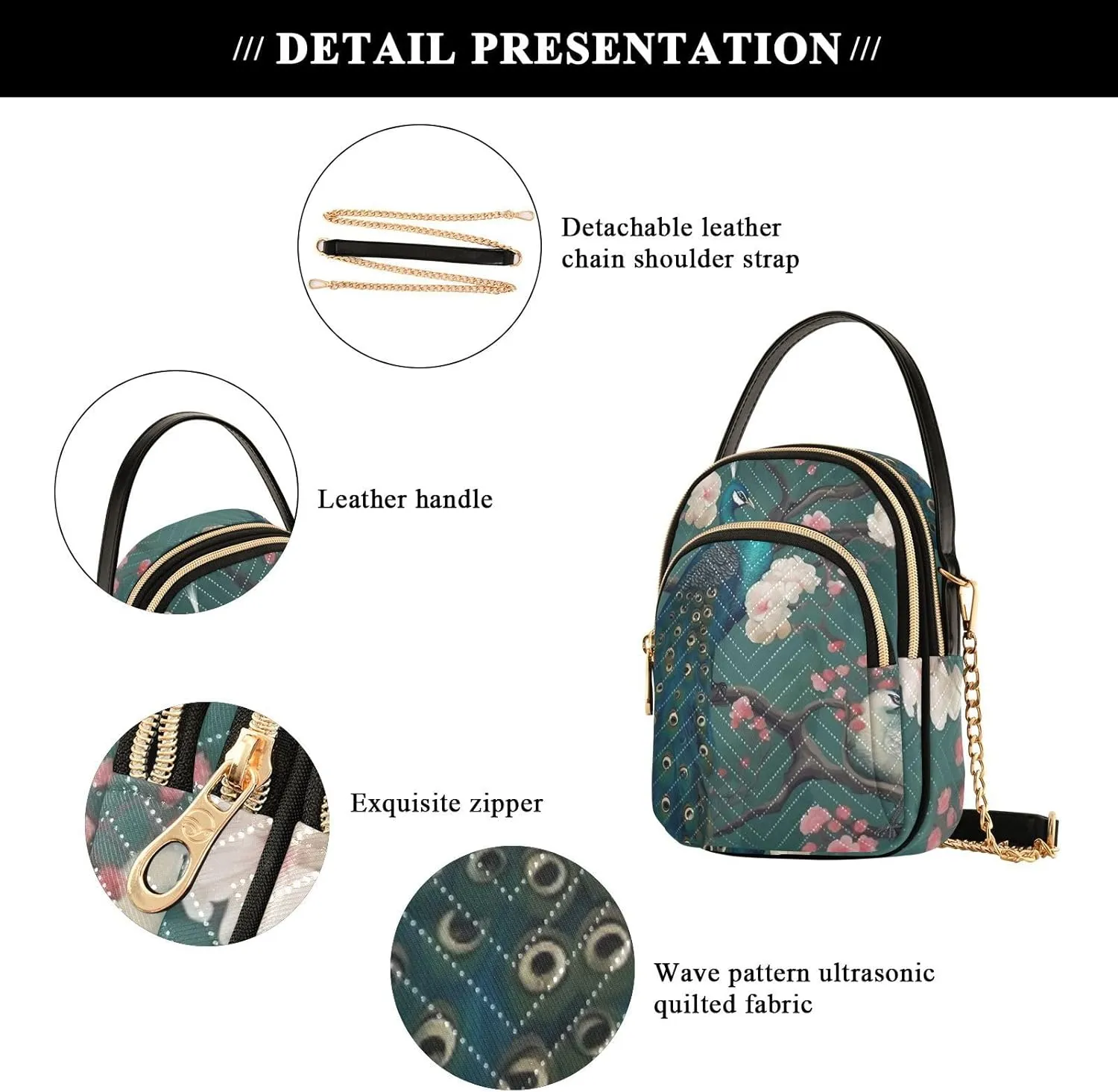 Beautiful Peacocks in Branches with Fruit Small Handbag with Shoulder Strap, Crossbody Shoulder Bags for Women