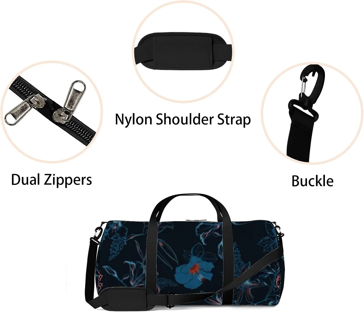 Beautiful Retro Dark Navy Blue Hibiscus Sports Bag Tote Bag Waterproof Gym Bag with Shoulder Strap Zipper 2 Side Pockets for Men and Women, Travel and Storage Shoulder Bag.