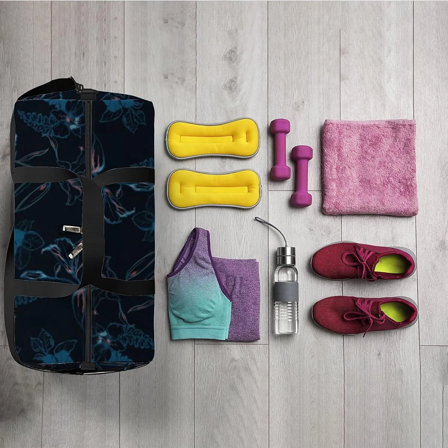 Beautiful Retro Dark Navy Blue Hibiscus Sports Bag Tote Bag Waterproof Gym Bag with Shoulder Strap Zipper 2 Side Pockets for Men and Women, Travel and Storage Shoulder Bag.