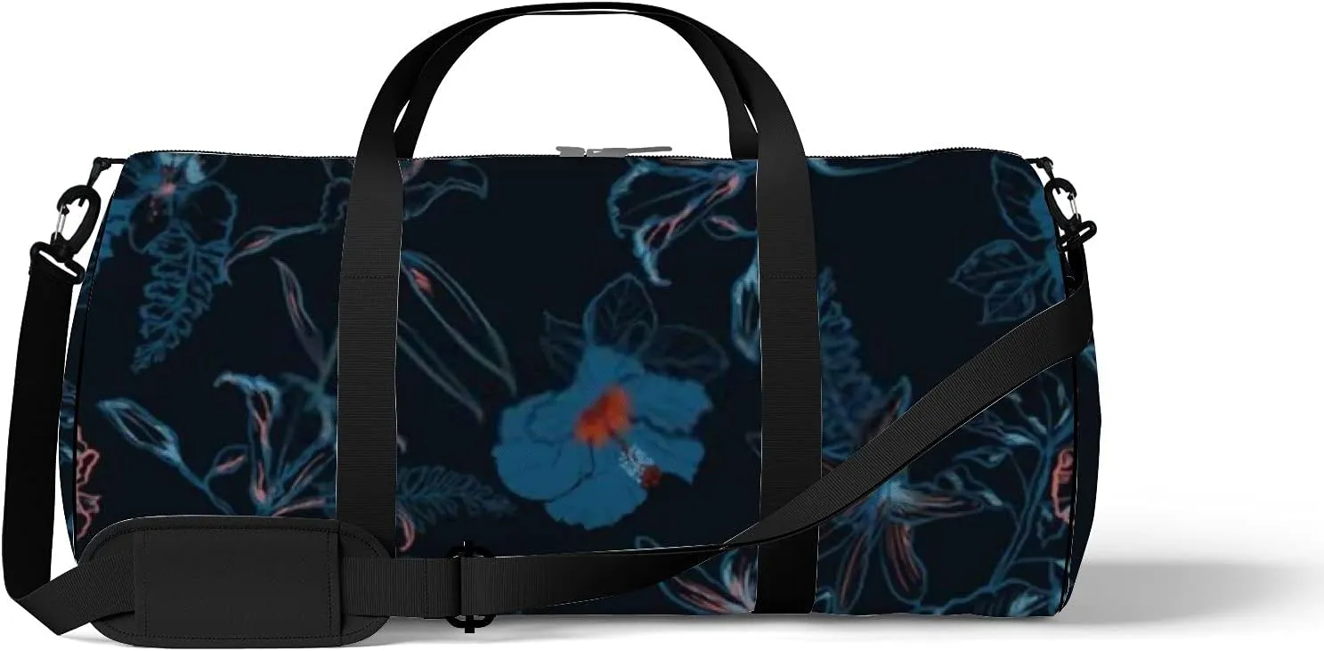 Beautiful Retro Dark Navy Blue Hibiscus Sports Bag Tote Bag Waterproof Gym Bag with Shoulder Strap Zipper 2 Side Pockets for Men and Women, Travel and Storage Shoulder Bag.