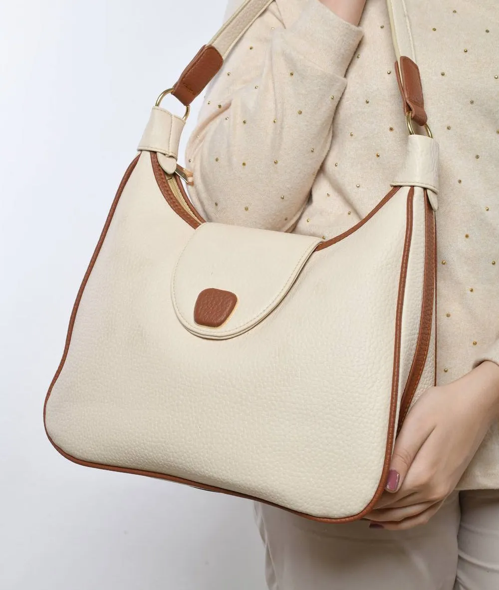 Beige shoulder bag with brown trim