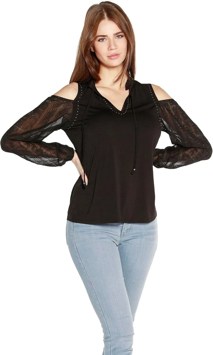Belldini Lace Cold Shoulder Tunic Top for Women Long Sleeve Sexy Tunic for Women