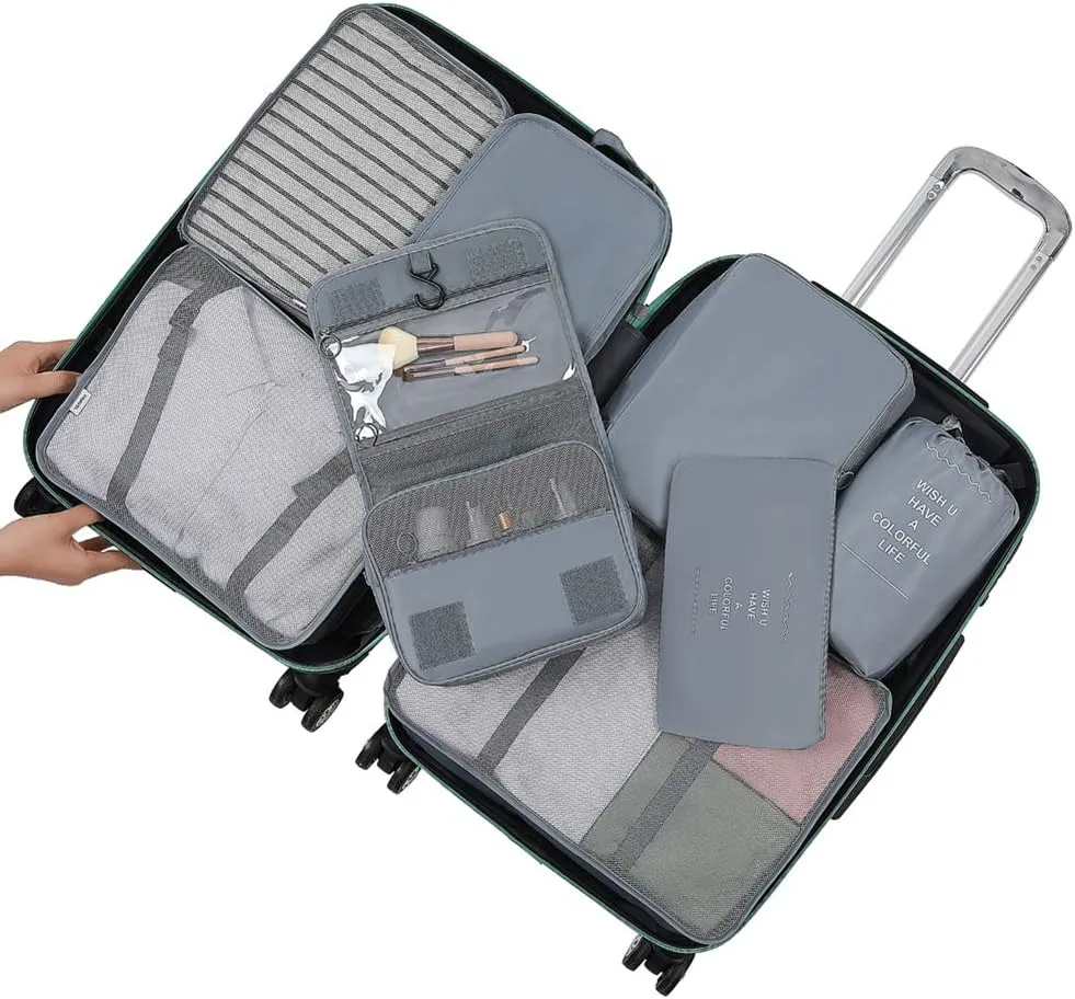 Belsmi 8 Set Packing Cubes with Shoe Bag - Compression Travel Luggage Organizer