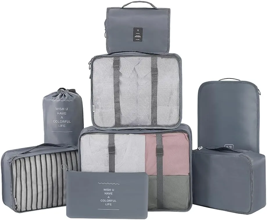 Belsmi 8 Set Packing Cubes with Shoe Bag - Compression Travel Luggage Organizer