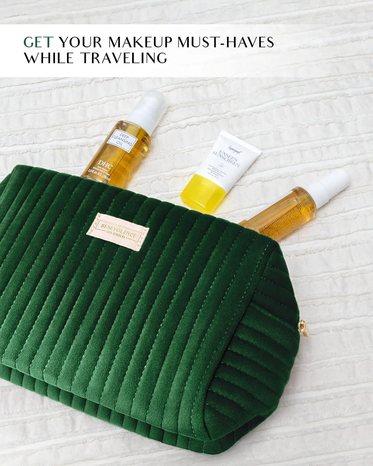 Benevolence LA Plush Velvet Large Makeup Bag for Travel | Cosmetic Pouch, Toiletry Organizer for Women, Large Capacity Bag for Accessories, Quilted Purse - Emerald Green