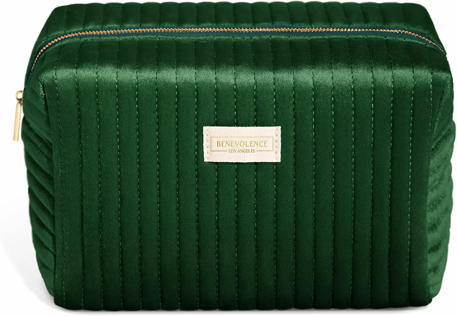 Benevolence LA Plush Velvet Large Makeup Bag for Travel | Cosmetic Pouch, Toiletry Organizer for Women, Large Capacity Bag for Accessories, Quilted Purse - Emerald Green
