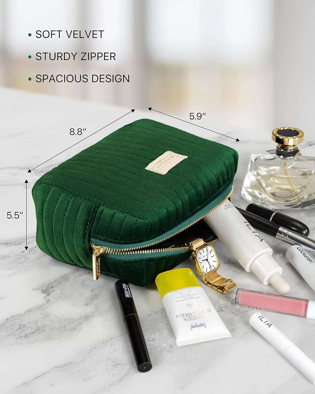 Benevolence LA Plush Velvet Large Makeup Bag for Travel | Cosmetic Pouch, Toiletry Organizer for Women, Large Capacity Bag for Accessories, Quilted Purse - Emerald Green