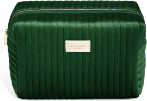 Benevolence LA Plush Velvet Large Makeup Bag for Travel | Cosmetic Pouch, Toiletry Organizer for Women, Large Capacity Bag for Accessories, Quilted Purse - Emerald Green
