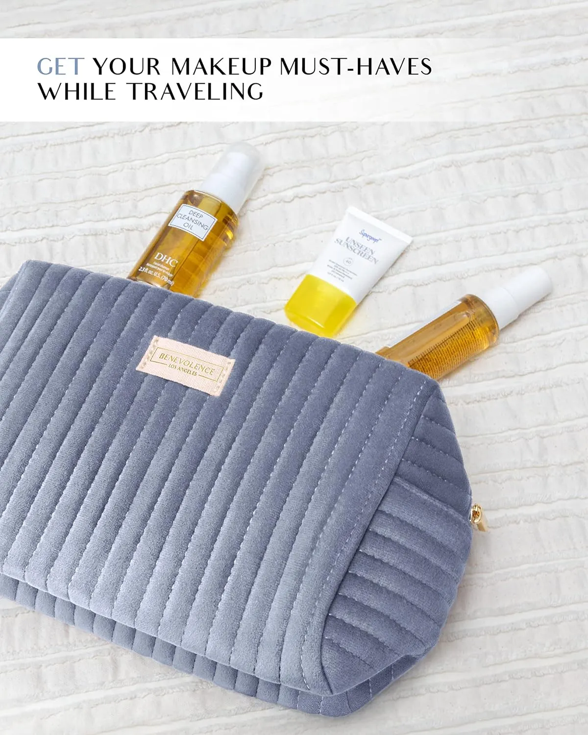 Benevolence LA Plush Velvet Large Makeup Bag for Travel | Cosmetic Pouch, Toiletry Organizer for Women, Large Capacity Bag for Accessories, Quilted Purse - Periwinkle Blue