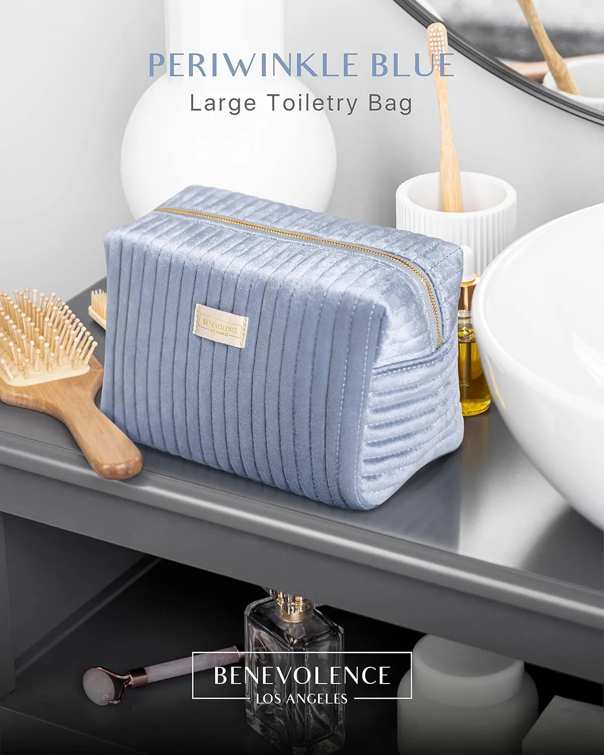 Benevolence LA Plush Velvet Large Makeup Bag for Travel | Cosmetic Pouch, Toiletry Organizer for Women, Large Capacity Bag for Accessories, Quilted Purse - Periwinkle Blue