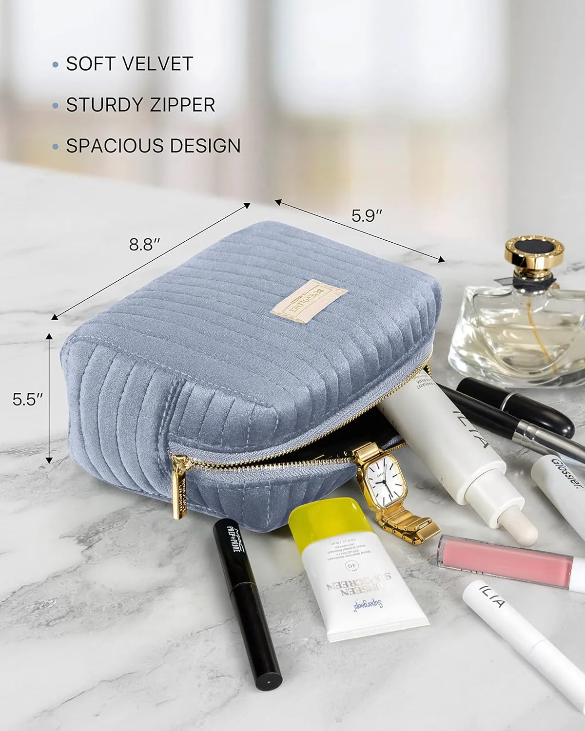 Benevolence LA Plush Velvet Large Makeup Bag for Travel | Cosmetic Pouch, Toiletry Organizer for Women, Large Capacity Bag for Accessories, Quilted Purse - Periwinkle Blue