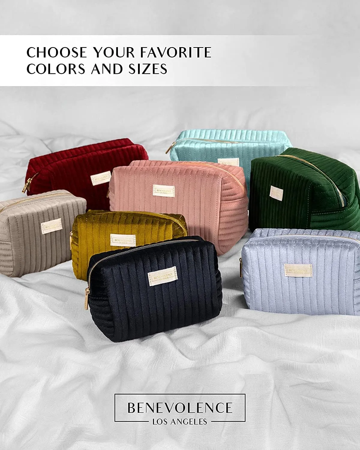 Benevolence LA Plush Velvet Large Makeup Bag for Travel | Cosmetic Pouch, Toiletry Organizer for Women, Large Capacity Bag for Accessories, Quilted Purse - Red