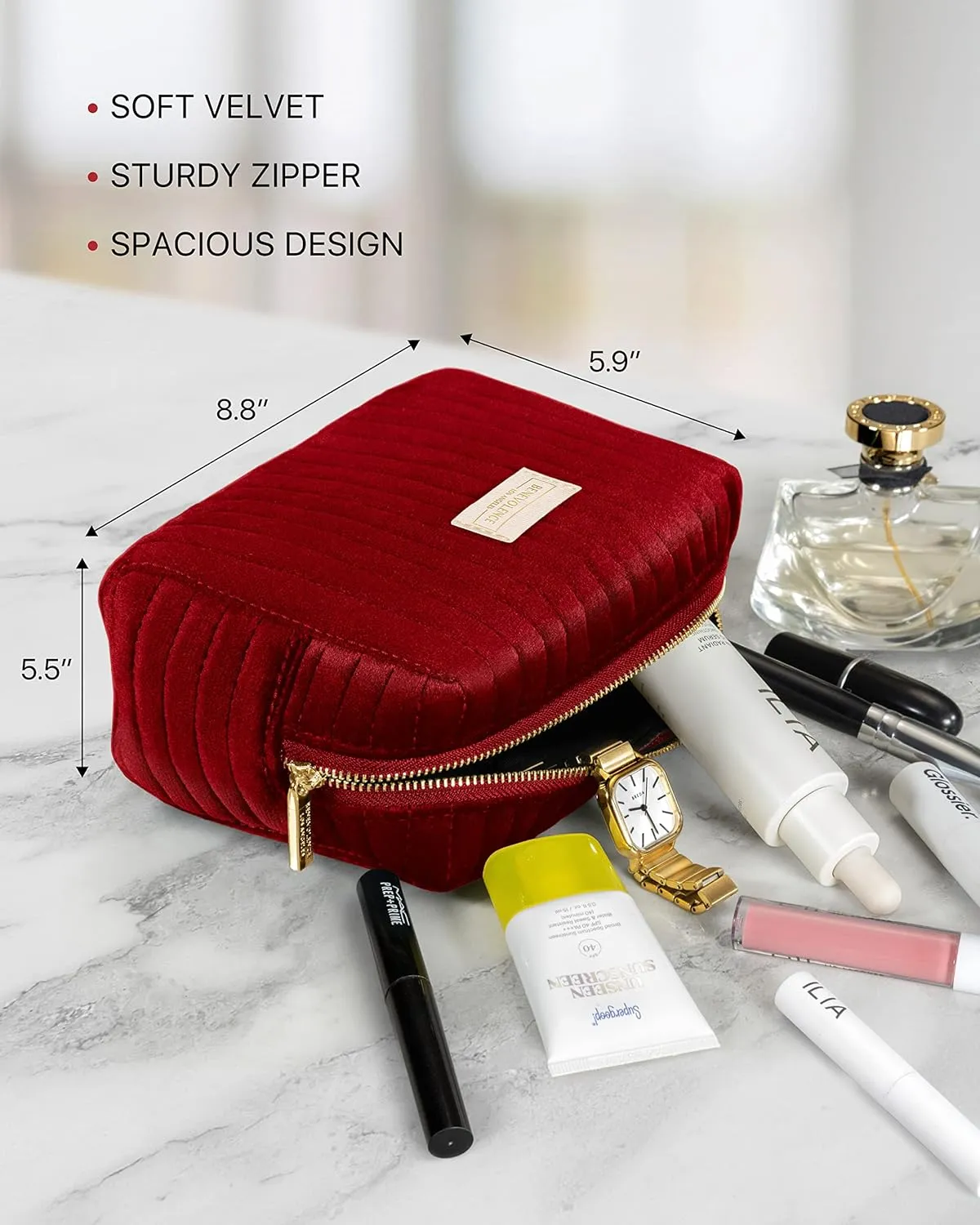 Benevolence LA Plush Velvet Large Makeup Bag for Travel | Cosmetic Pouch, Toiletry Organizer for Women, Large Capacity Bag for Accessories, Quilted Purse - Red