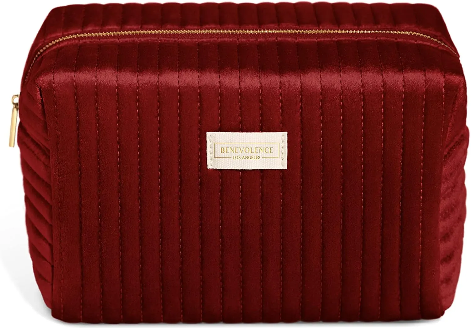 Benevolence LA Plush Velvet Large Makeup Bag for Travel | Cosmetic Pouch, Toiletry Organizer for Women, Large Capacity Bag for Accessories, Quilted Purse - Red