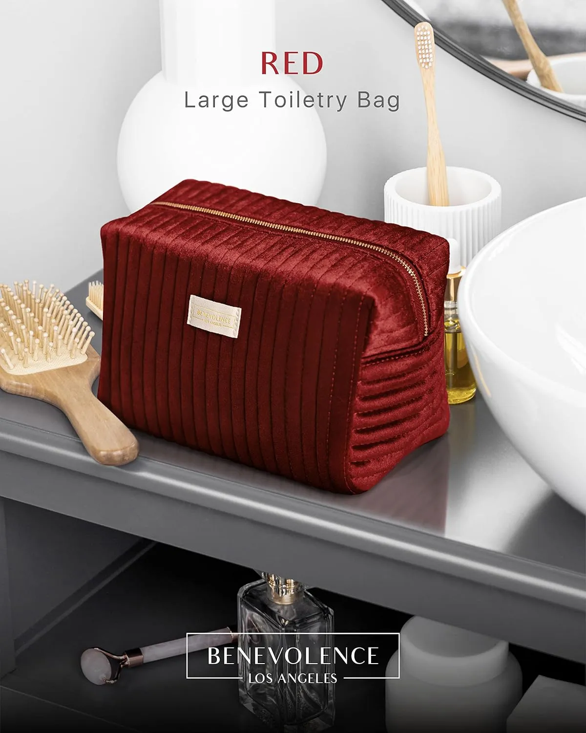 Benevolence LA Plush Velvet Large Makeup Bag for Travel | Cosmetic Pouch, Toiletry Organizer for Women, Large Capacity Bag for Accessories, Quilted Purse - Red