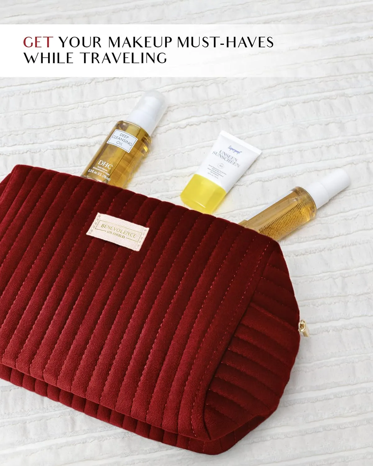 Benevolence LA Plush Velvet Large Makeup Bag for Travel | Cosmetic Pouch, Toiletry Organizer for Women, Large Capacity Bag for Accessories, Quilted Purse - Red