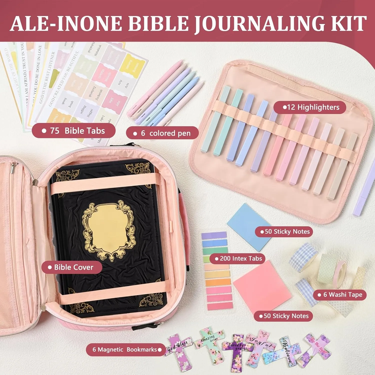 Bible Cover for Women,Large Bible Bag with Shoulder Strap, Bible Study Supplies Carrier Includes Highlighters Tabs,Journaling Kit Case Packed in Gift Box, Christian Gifts for Women(Pink