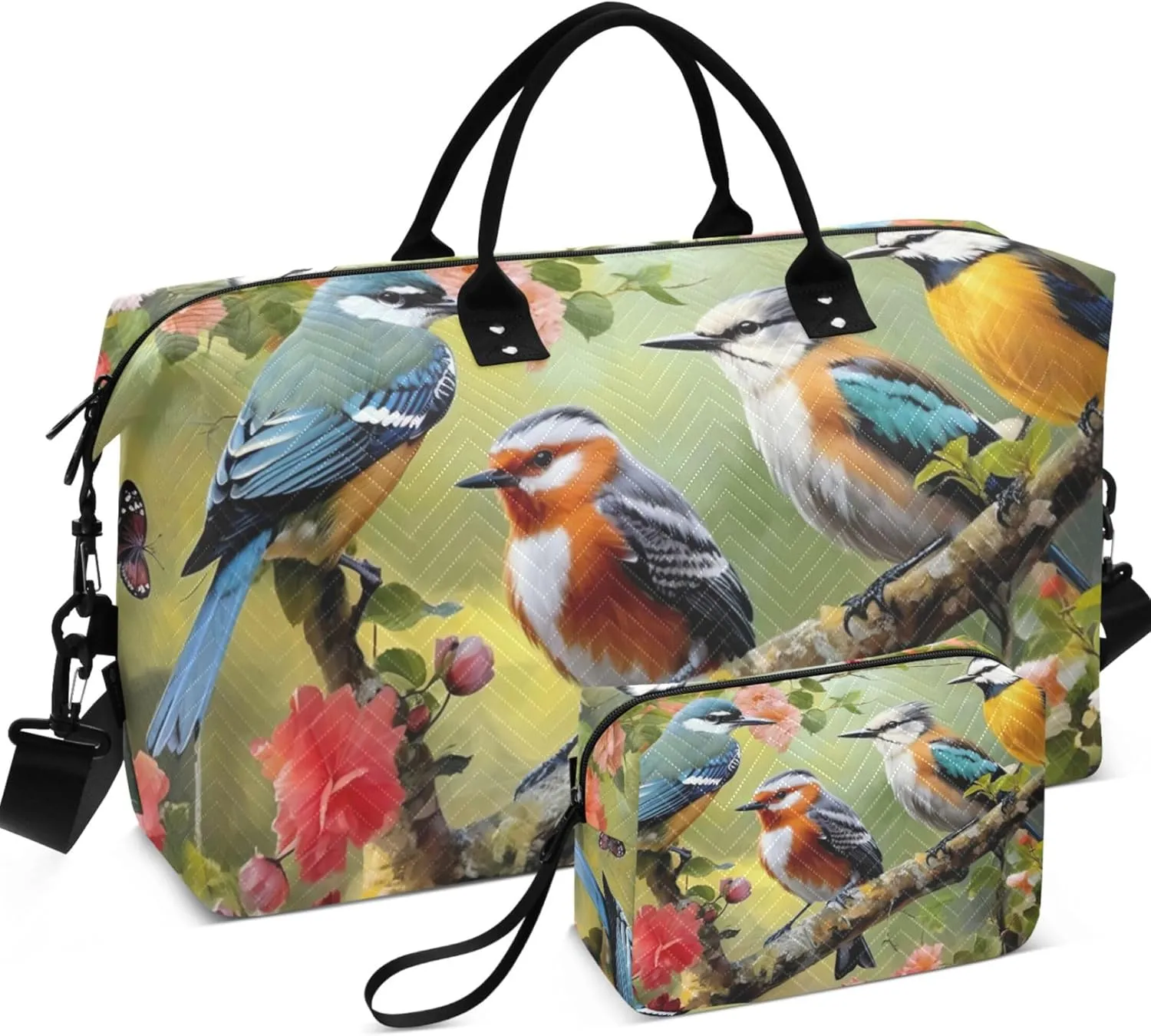Birds Flowers Duffle Travel Bag Makeup Bag Set of 2, Art Sports Duffle Bag Weekender Bags