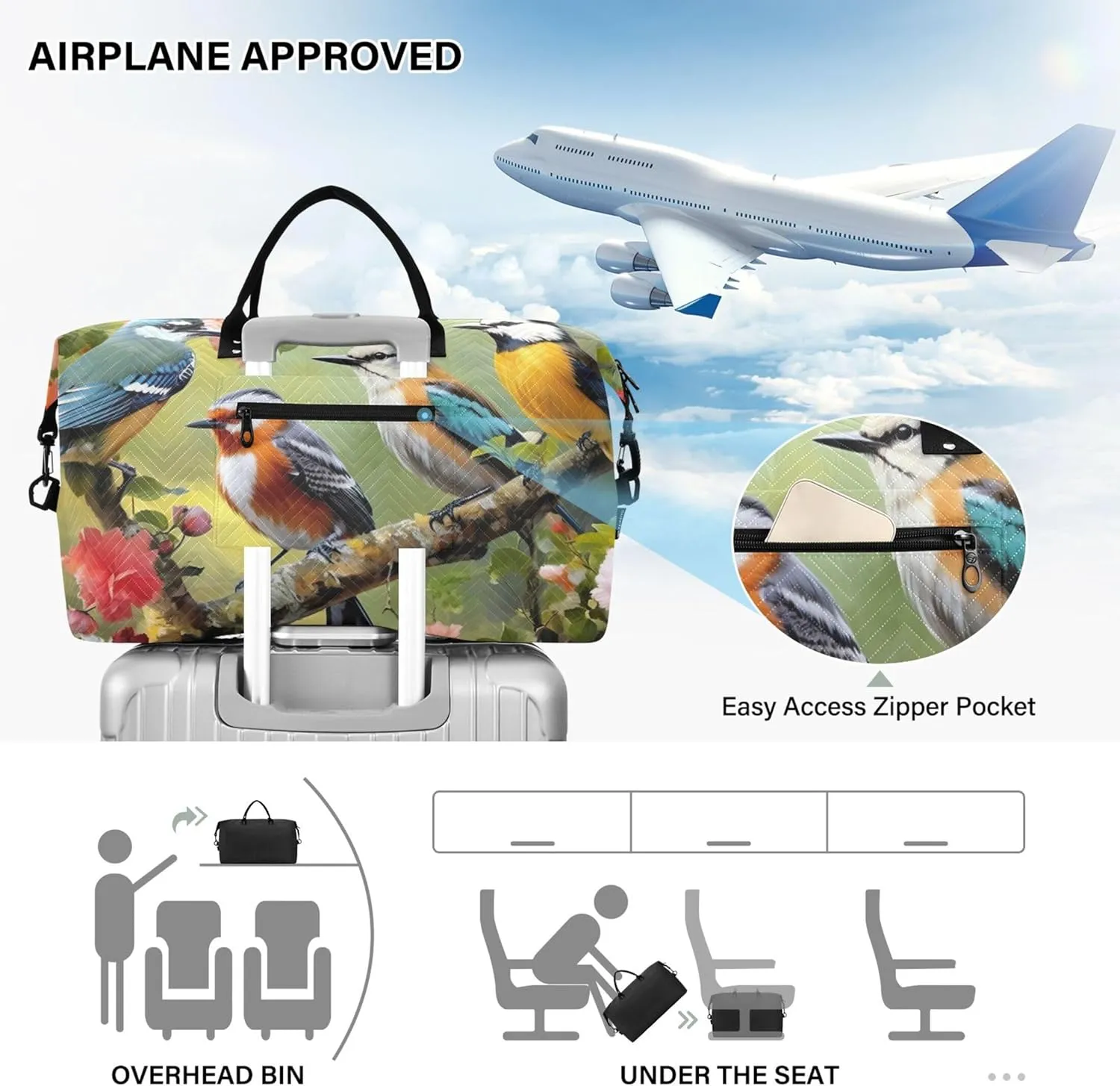 Birds Flowers Duffle Travel Bag Makeup Bag Set of 2, Art Sports Duffle Bag Weekender Bags