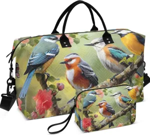 Birds Flowers Duffle Travel Bag Makeup Bag Set of 2, Art Sports Duffle Bag Weekender Bags