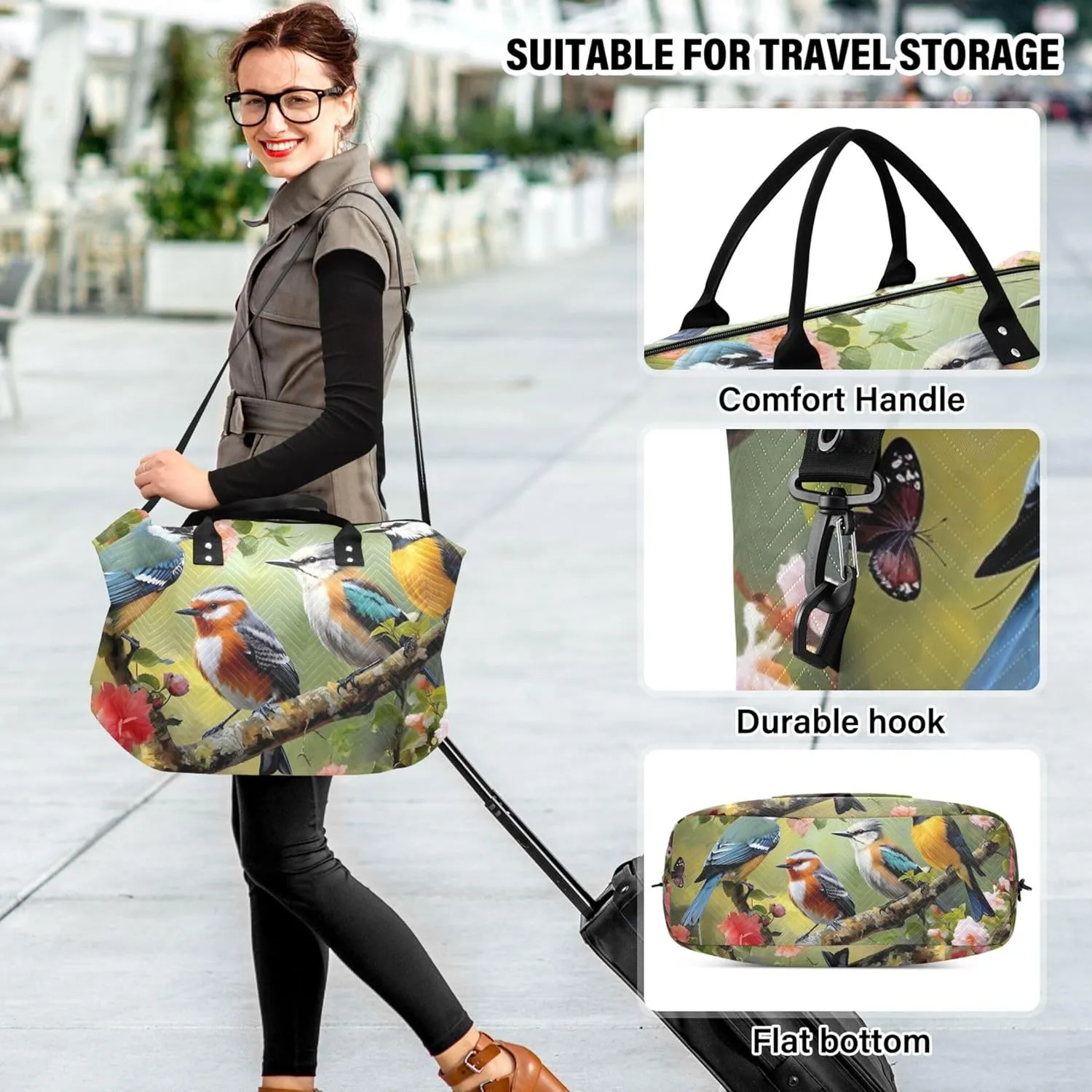 Birds Flowers Duffle Travel Bag Makeup Bag Set of 2, Art Sports Duffle Bag Weekender Bags