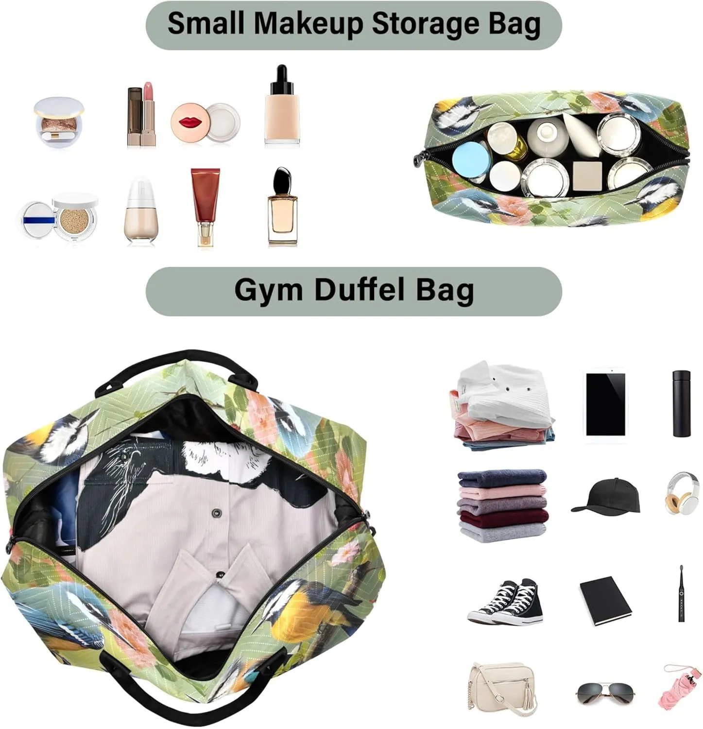 Birds Flowers Duffle Travel Bag Makeup Bag Set of 2, Art Sports Duffle Bag Weekender Bags