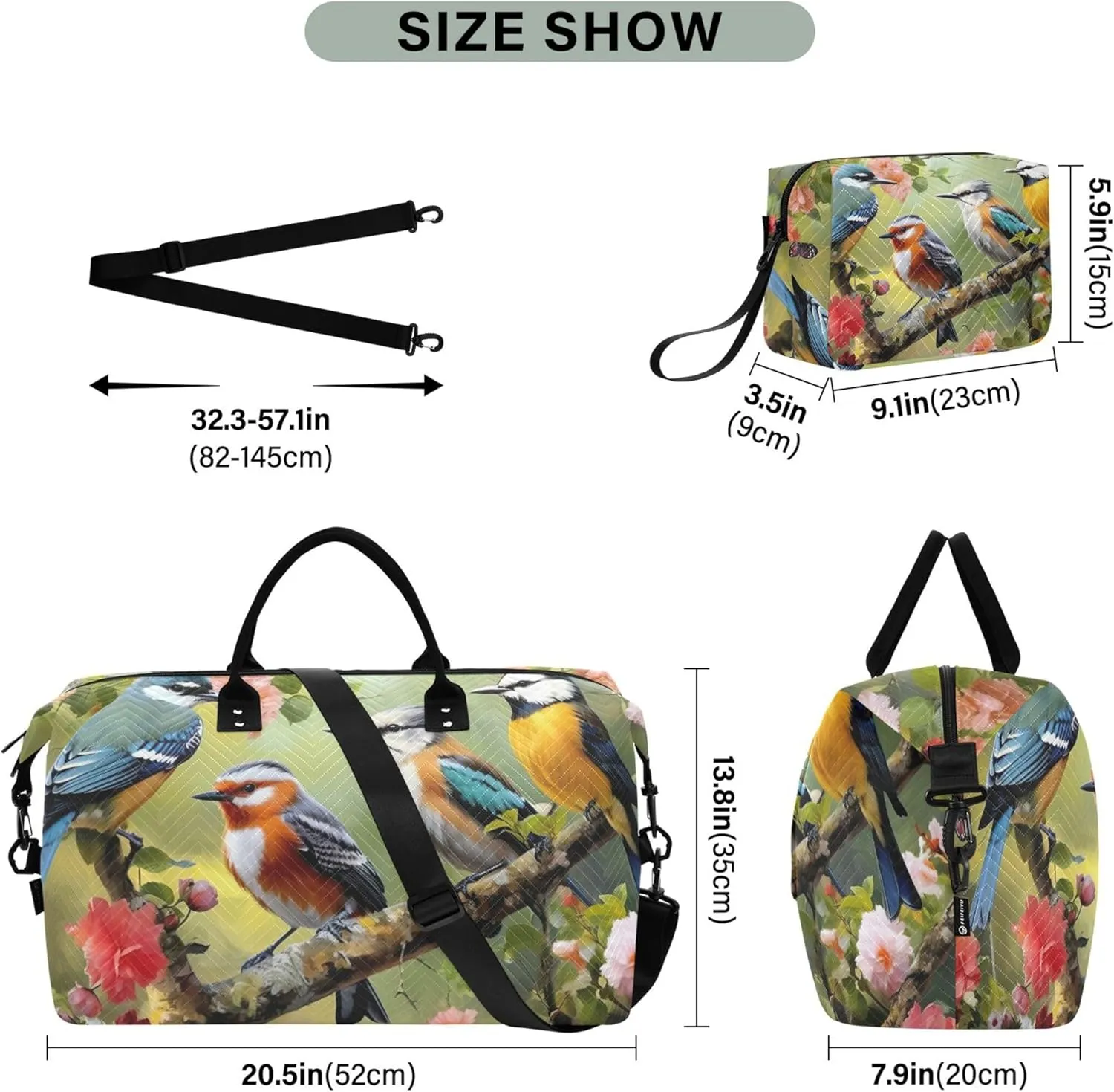 Birds Flowers Duffle Travel Bag Makeup Bag Set of 2, Art Sports Duffle Bag Weekender Bags