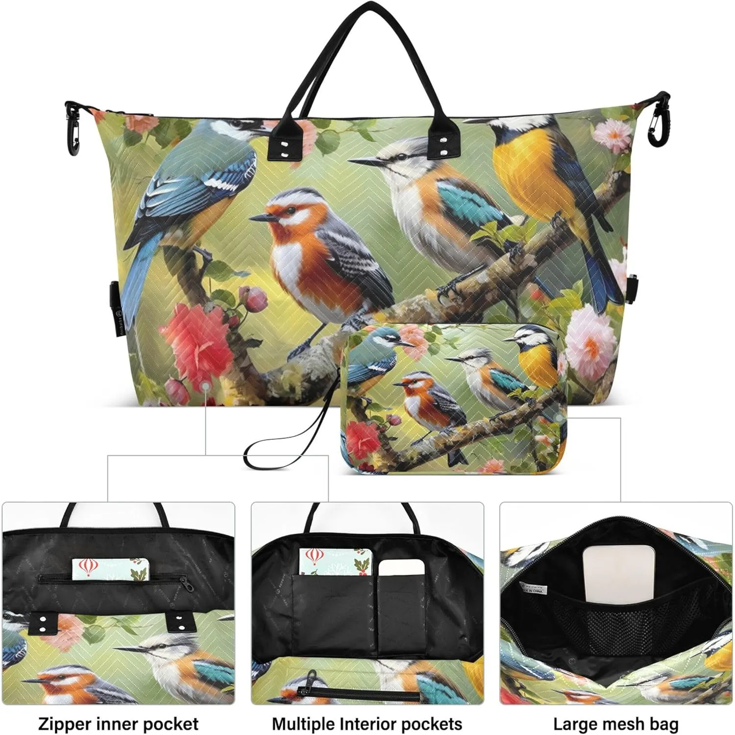 Birds Flowers Duffle Travel Bag Makeup Bag Set of 2, Art Sports Duffle Bag Weekender Bags