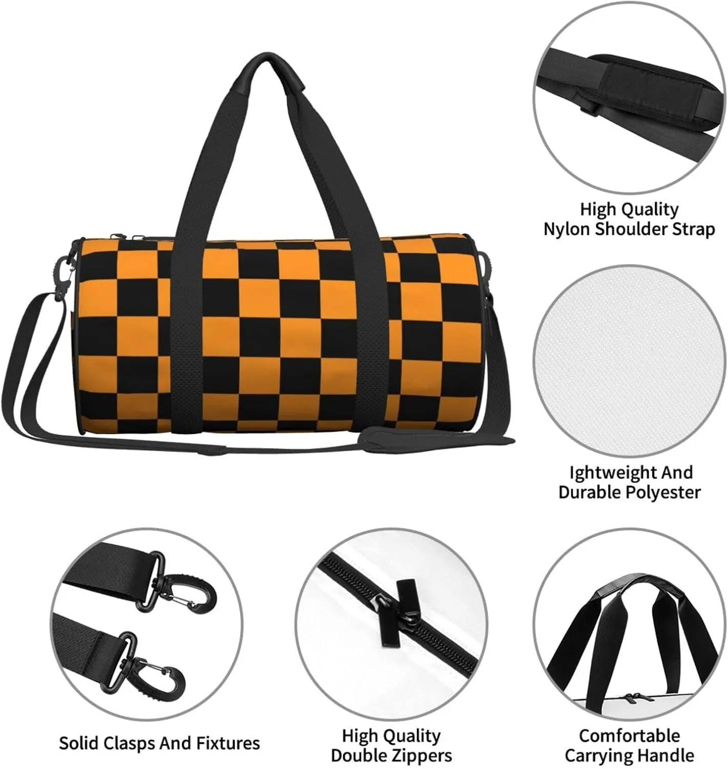 Black And Orange Checkered Sports Gym Bag Travel Duffel Bag Shoes Compartment For Men Women Foldable Lightweight Yoga Gym Sports Bag