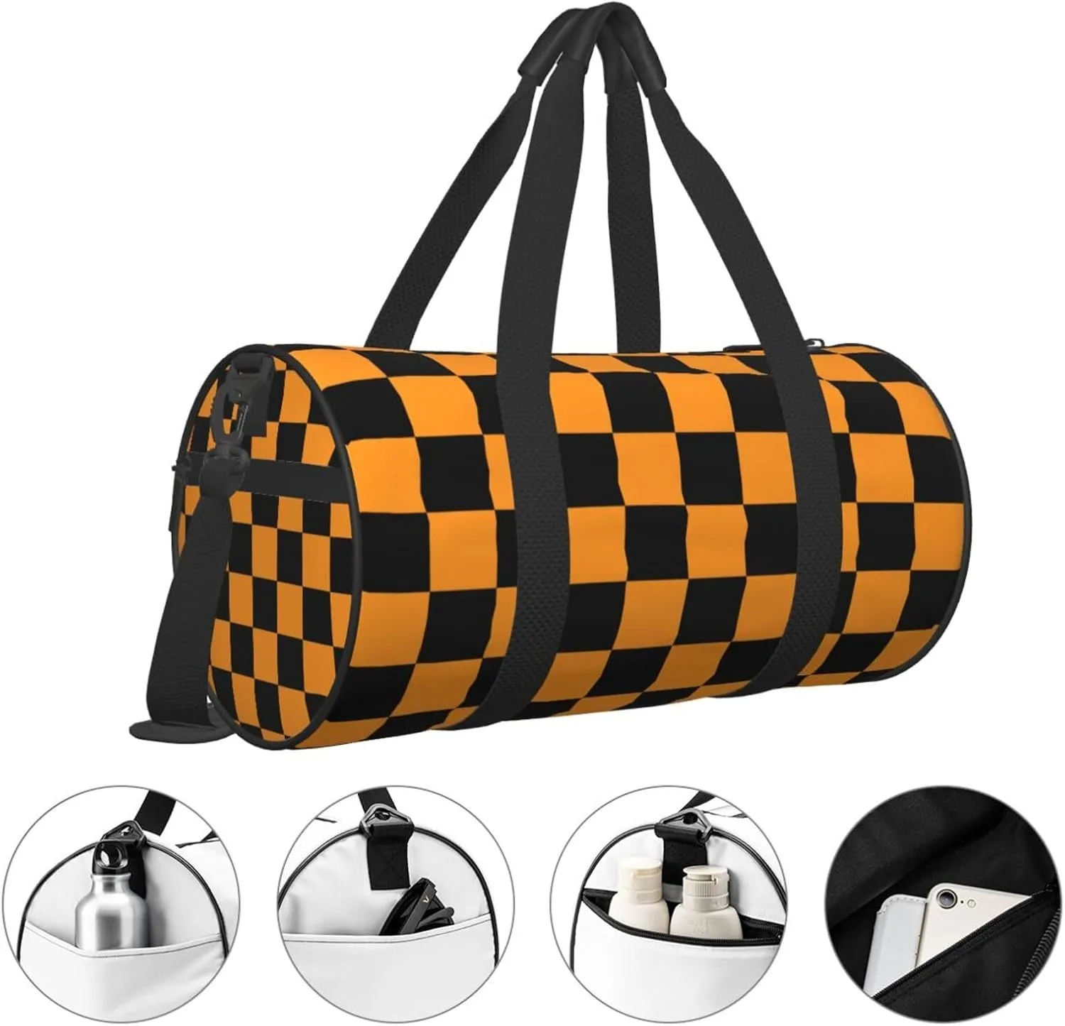 Black And Orange Checkered Sports Gym Bag Travel Duffel Bag Shoes Compartment For Men Women Foldable Lightweight Yoga Gym Sports Bag