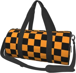 Black And Orange Checkered Sports Gym Bag Travel Duffel Bag Shoes Compartment For Men Women Foldable Lightweight Yoga Gym Sports Bag