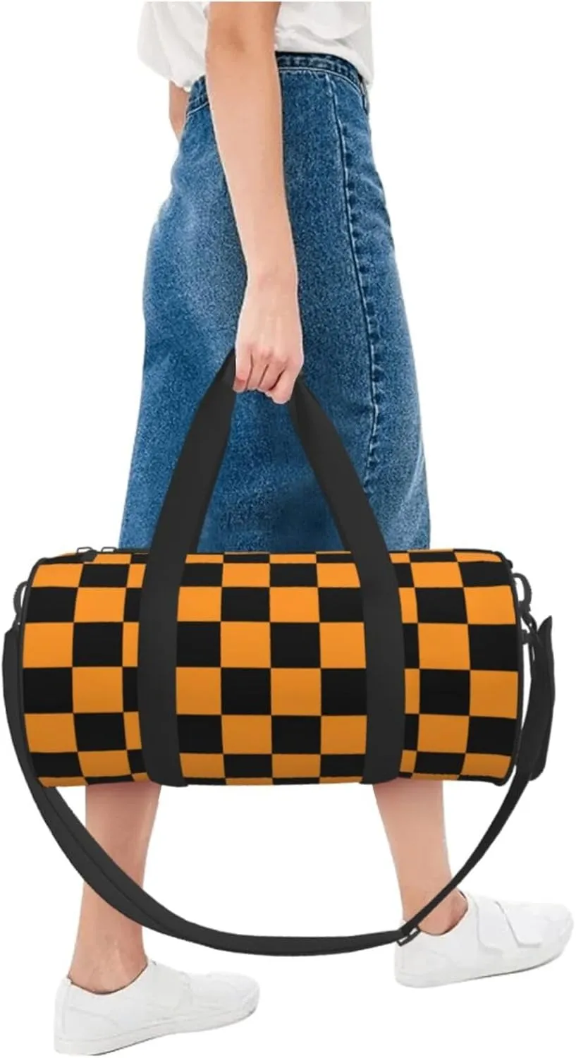 Black And Orange Checkered Sports Gym Bag Travel Duffel Bag Shoes Compartment For Men Women Foldable Lightweight Yoga Gym Sports Bag