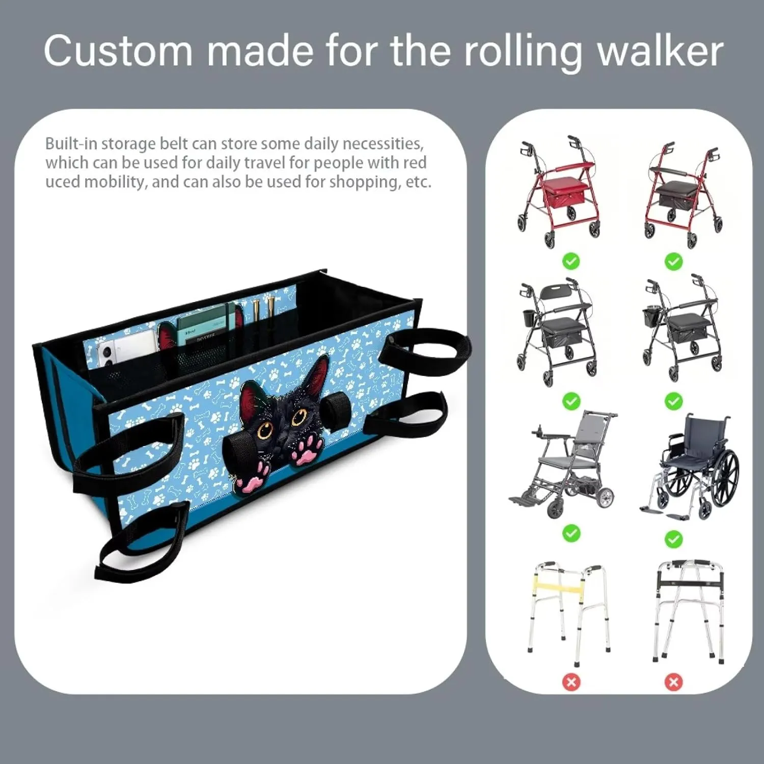 Black Cat Rollator Bag Folding Bag Tote Organizer Pouch Storage to Walkers for Senoirs Walker Accessories for Elderly Senior