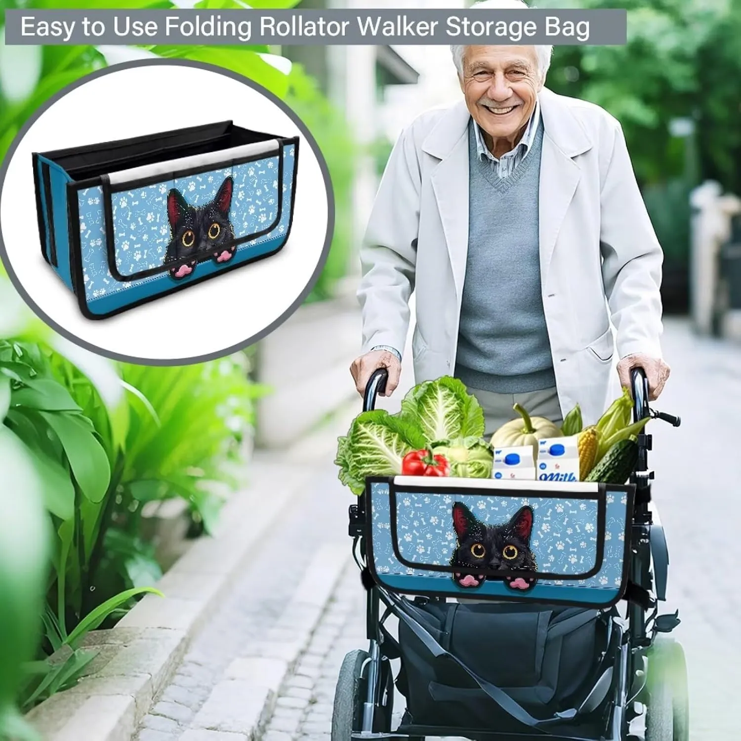 Black Cat Rollator Bag Folding Bag Tote Organizer Pouch Storage to Walkers for Senoirs Walker Accessories for Elderly Senior
