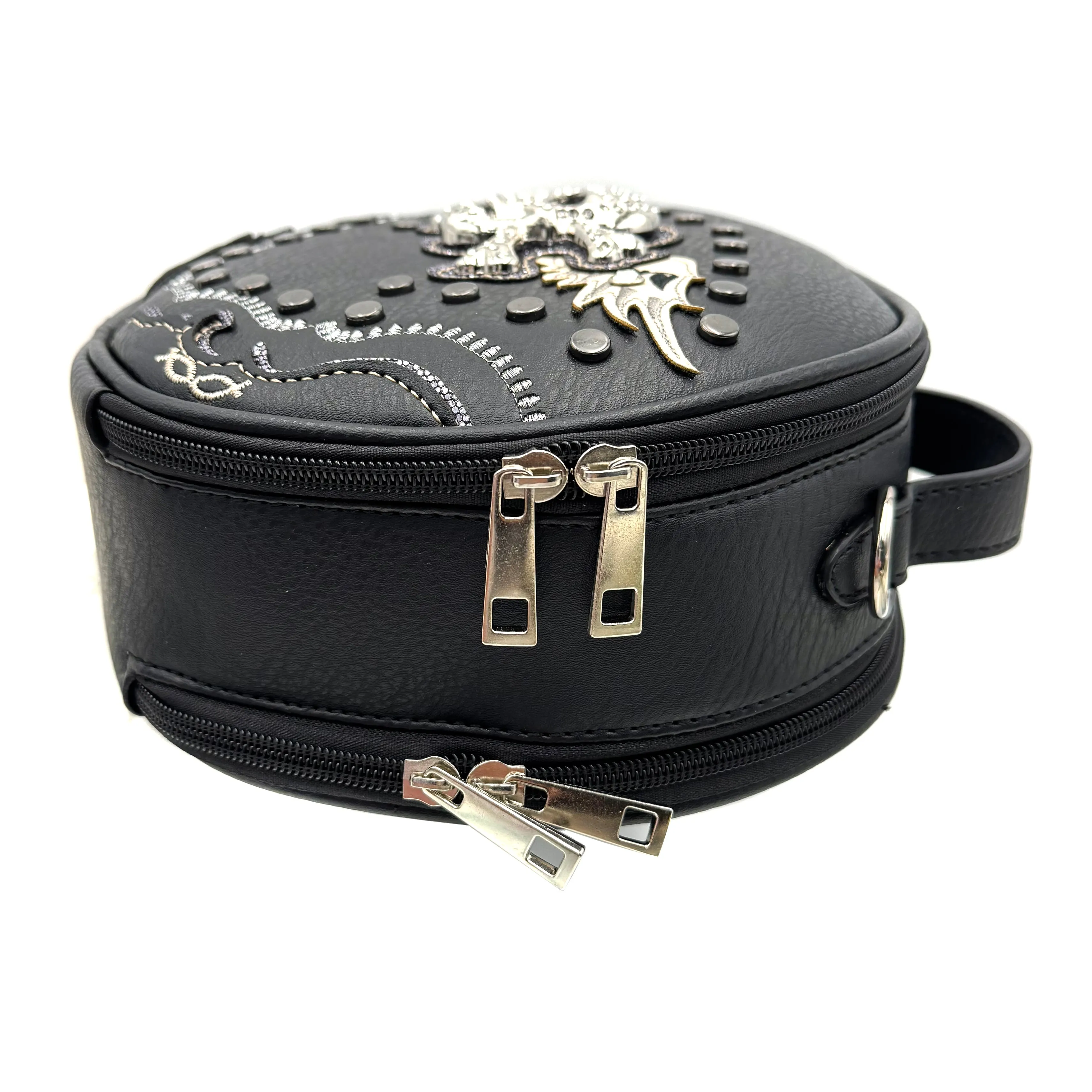 Black Skull Embroidered Circle Crossbody Purse Bag