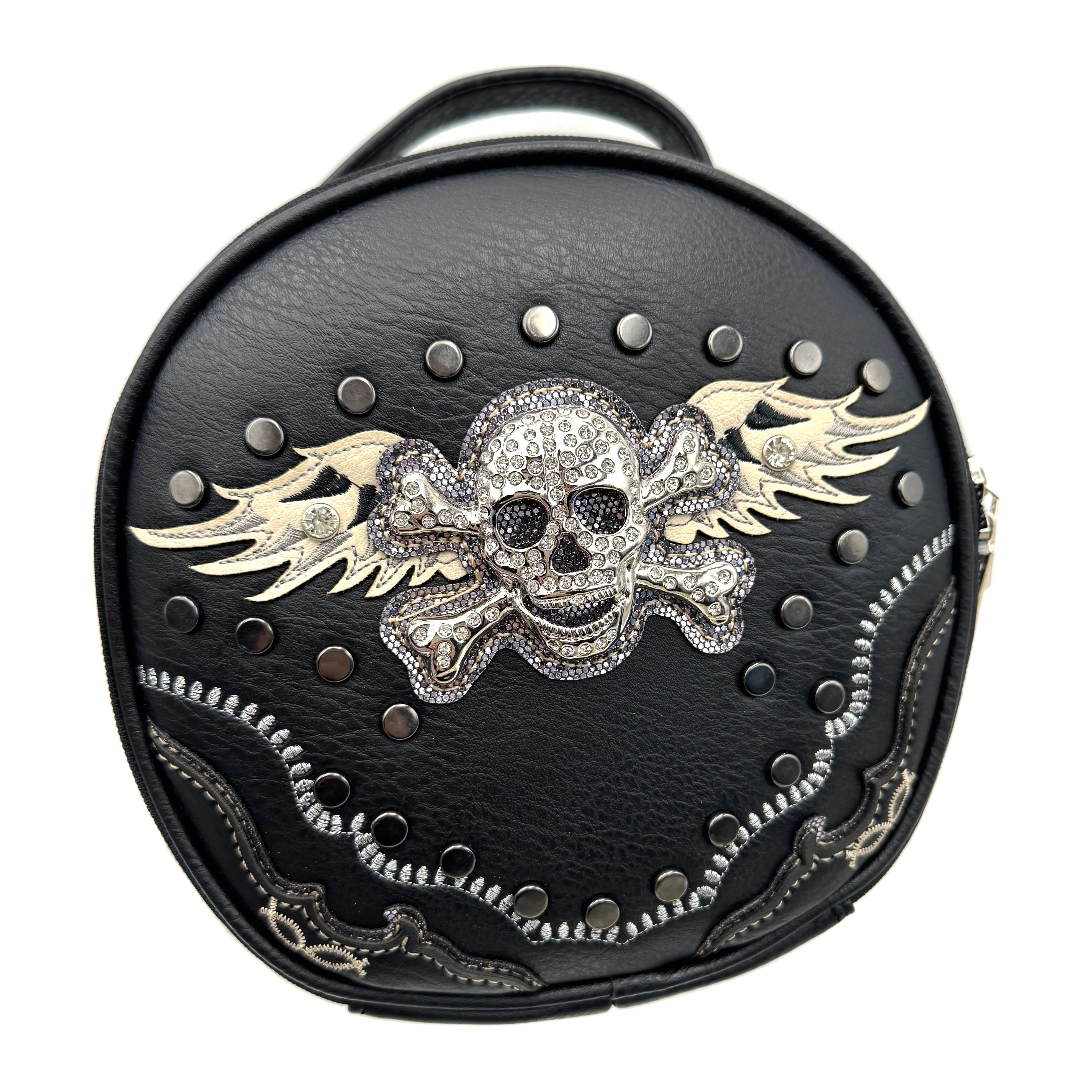 Black Skull Embroidered Circle Crossbody Purse Bag