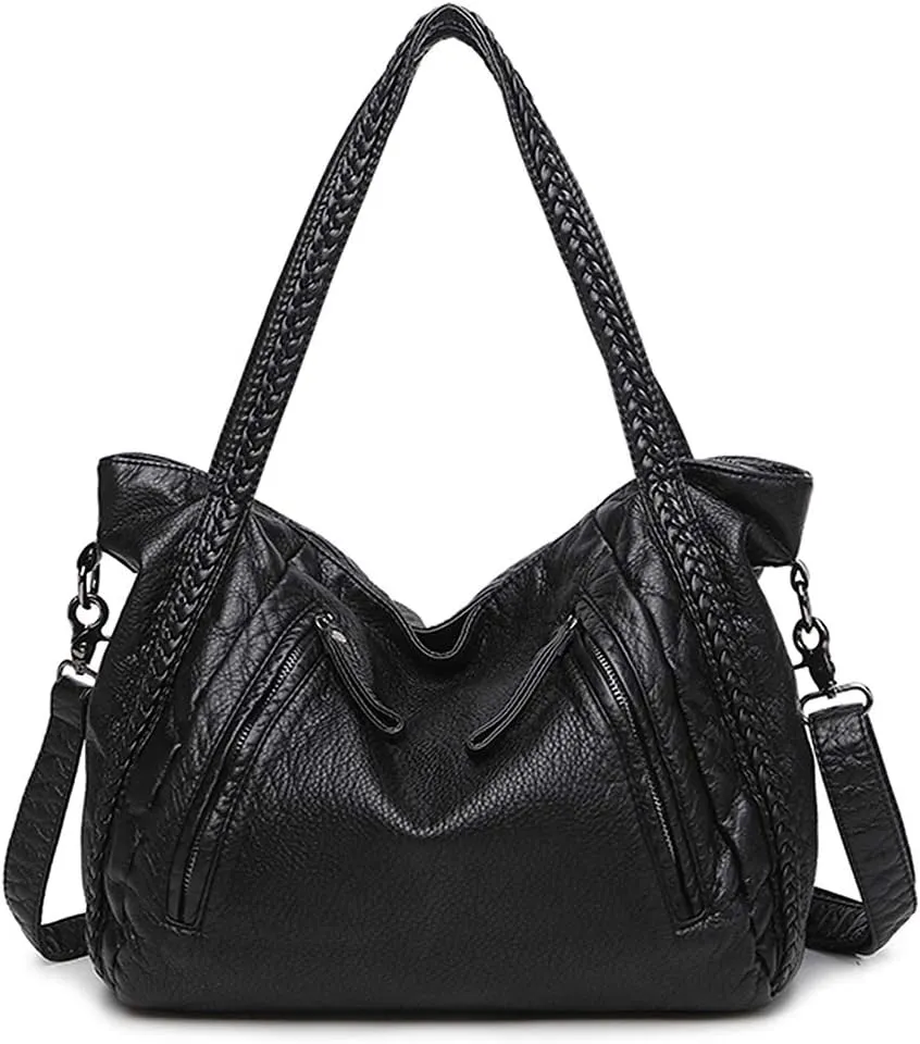 Black Soft Leather Shoulder Purses for Women Large Size Tote Handbags Slouchy Hobo Bags Big Capacity Trendy Shoulder Purse