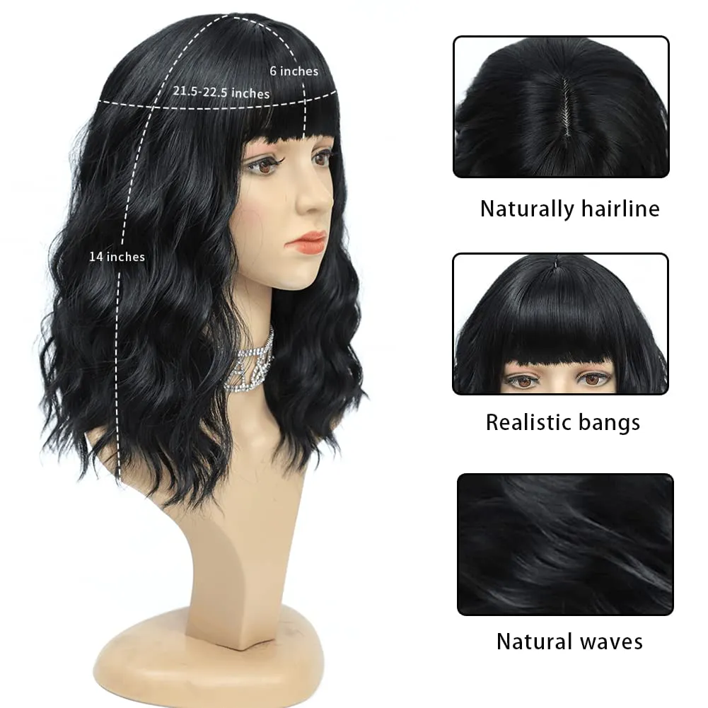 Black Wig Short Wave Bob Wig for Women Realistic Synthetic Wig Black Wig with Bangs for Everyday Party Cosplay Use 14 Inch (14 Inch, Black)