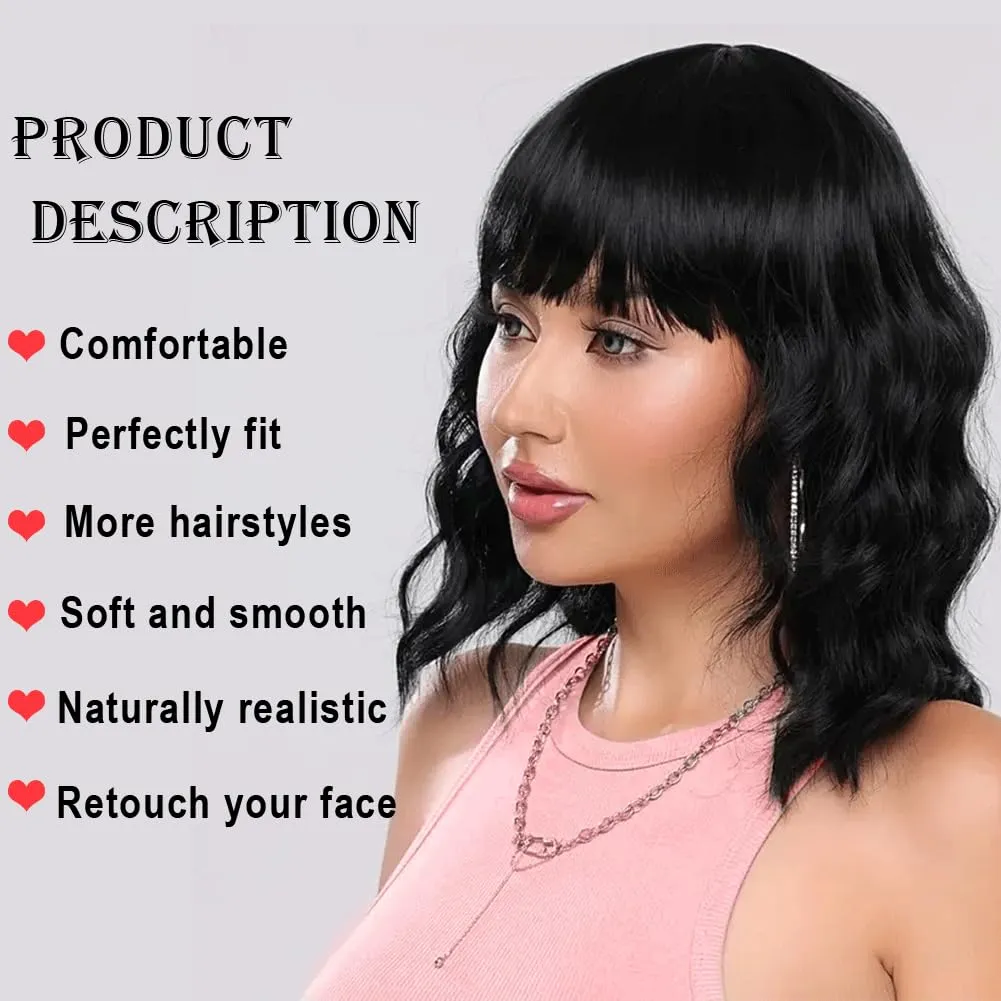 Black Wig Short Wave Bob Wig for Women Realistic Synthetic Wig Black Wig with Bangs for Everyday Party Cosplay Use 14 Inch (14 Inch, Black)
