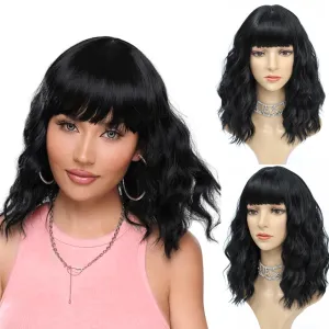 Black Wig Short Wave Bob Wig for Women Realistic Synthetic Wig Black Wig with Bangs for Everyday Party Cosplay Use 14 Inch (14 Inch, Black)