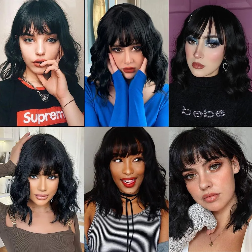 Black Wig Short Wave Bob Wig for Women Realistic Synthetic Wig Black Wig with Bangs for Everyday Party Cosplay Use 14 Inch (14 Inch, Black)