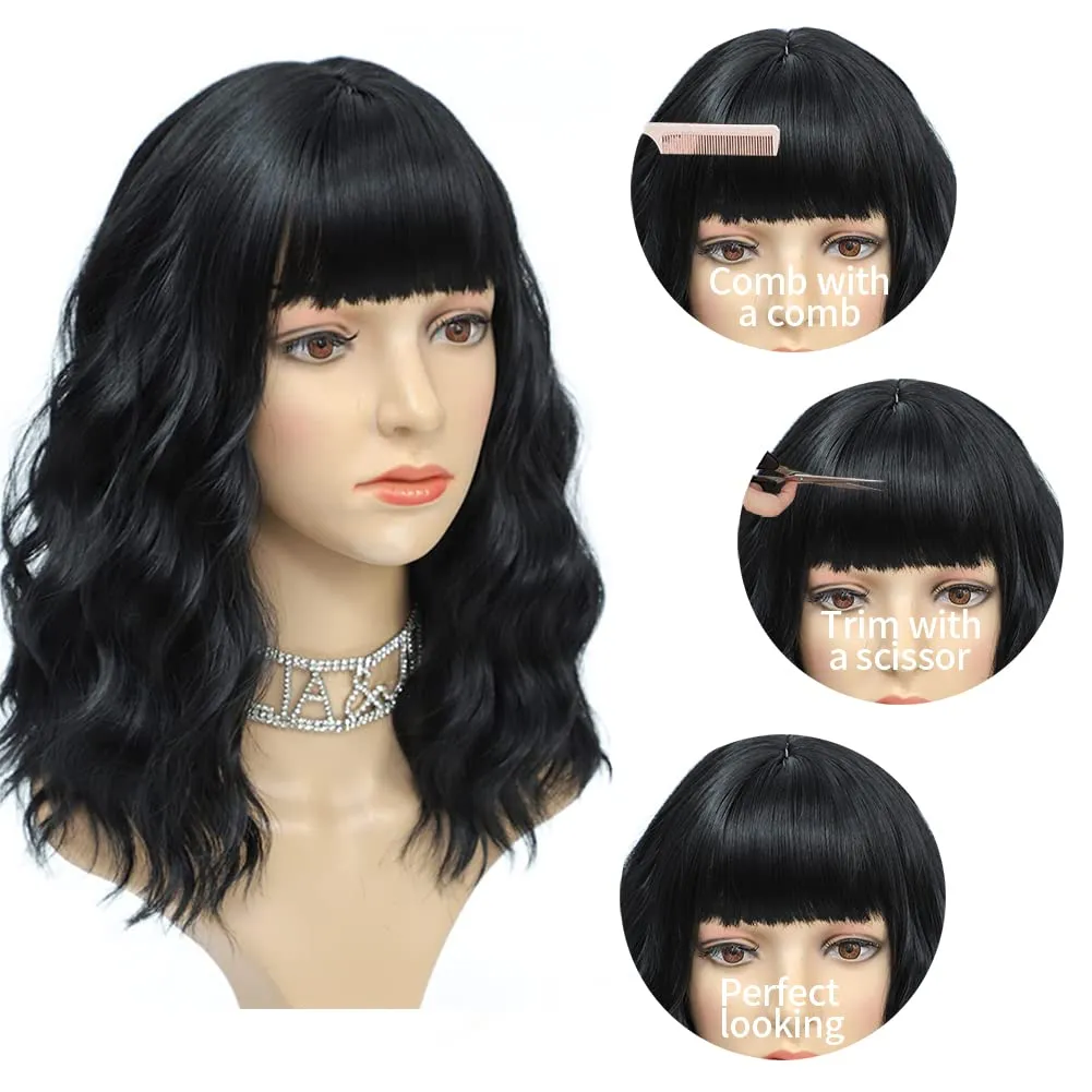 Black Wig Short Wave Bob Wig for Women Realistic Synthetic Wig Black Wig with Bangs for Everyday Party Cosplay Use 14 Inch (14 Inch, Black)